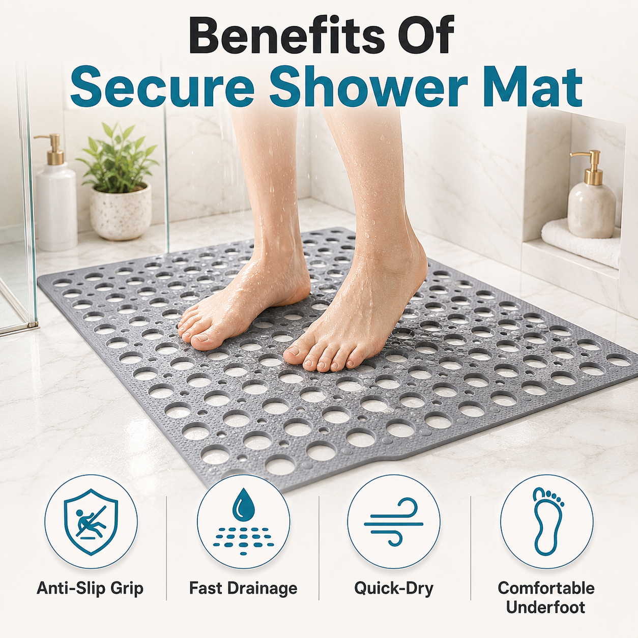 Tapis de sécurité pour salle de bain | PVC antidérapant avec trous de drainage | Évacuation rapide de l'eau | AquaGrip