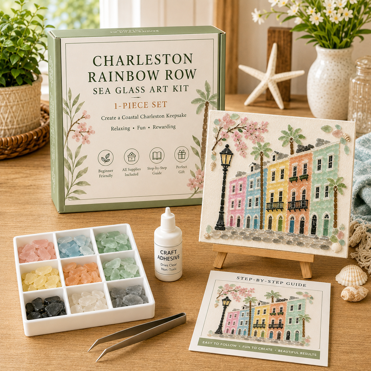 Conjunto de arte em vidro do mar | Motivo Rainbow Row de Charleston | com moldura, cola e ferramentas | ShoreCraft