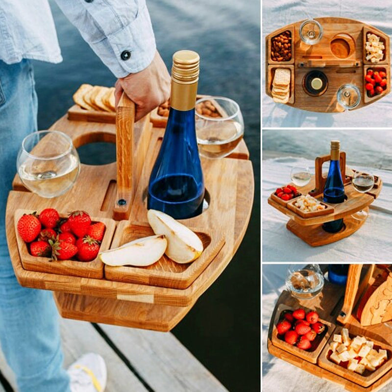Picknicktisch mit Wein im Freien | Platz für Flasche, 2 Gläser & Snacks | Tragbar | VinoPicnic