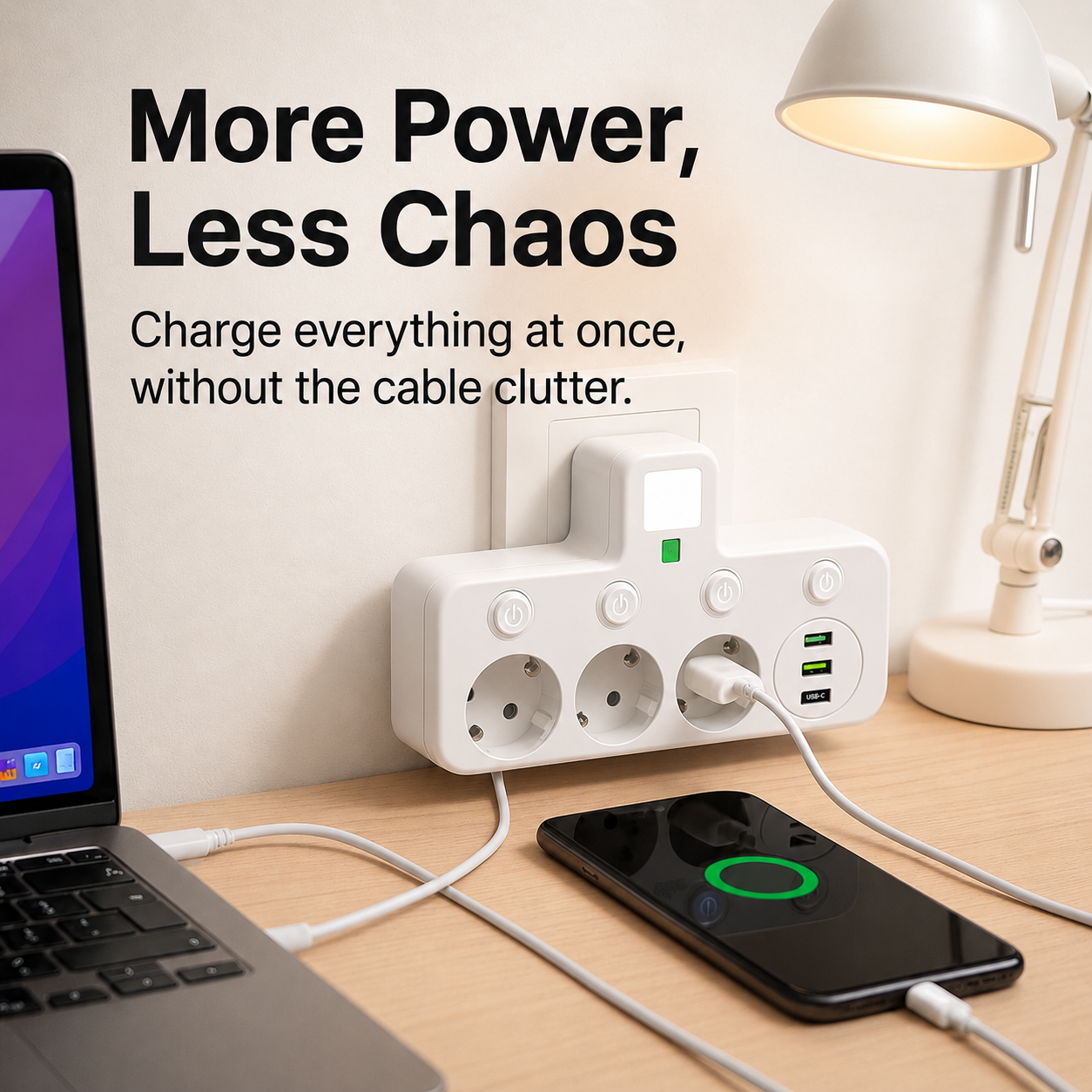7v1 prodlužovací zásuvkový panel se 3 zásuvkami | 2 USB a Typ-C | Jednotlivě spínatelný s LED | PowerGrid