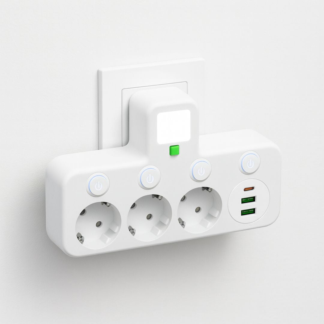 7v1 prodlužovací zásuvkový panel se 3 zásuvkami | 2 USB a Typ-C | Jednotlivě spínatelný s LED | PowerGrid