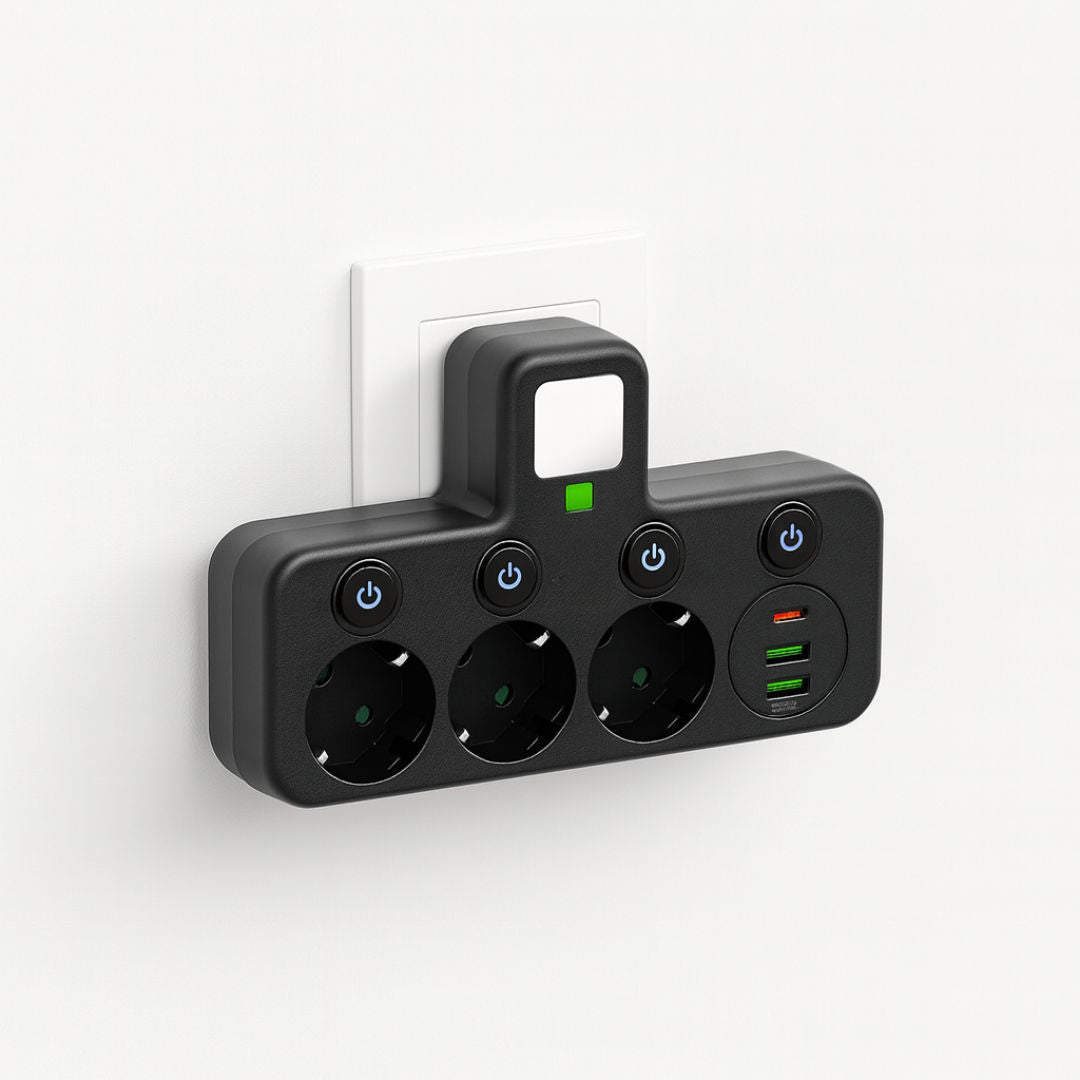 7v1 prodlužovací zásuvkový panel se 3 zásuvkami | 2 USB a Typ-C | Jednotlivě spínatelný s LED | PowerGrid