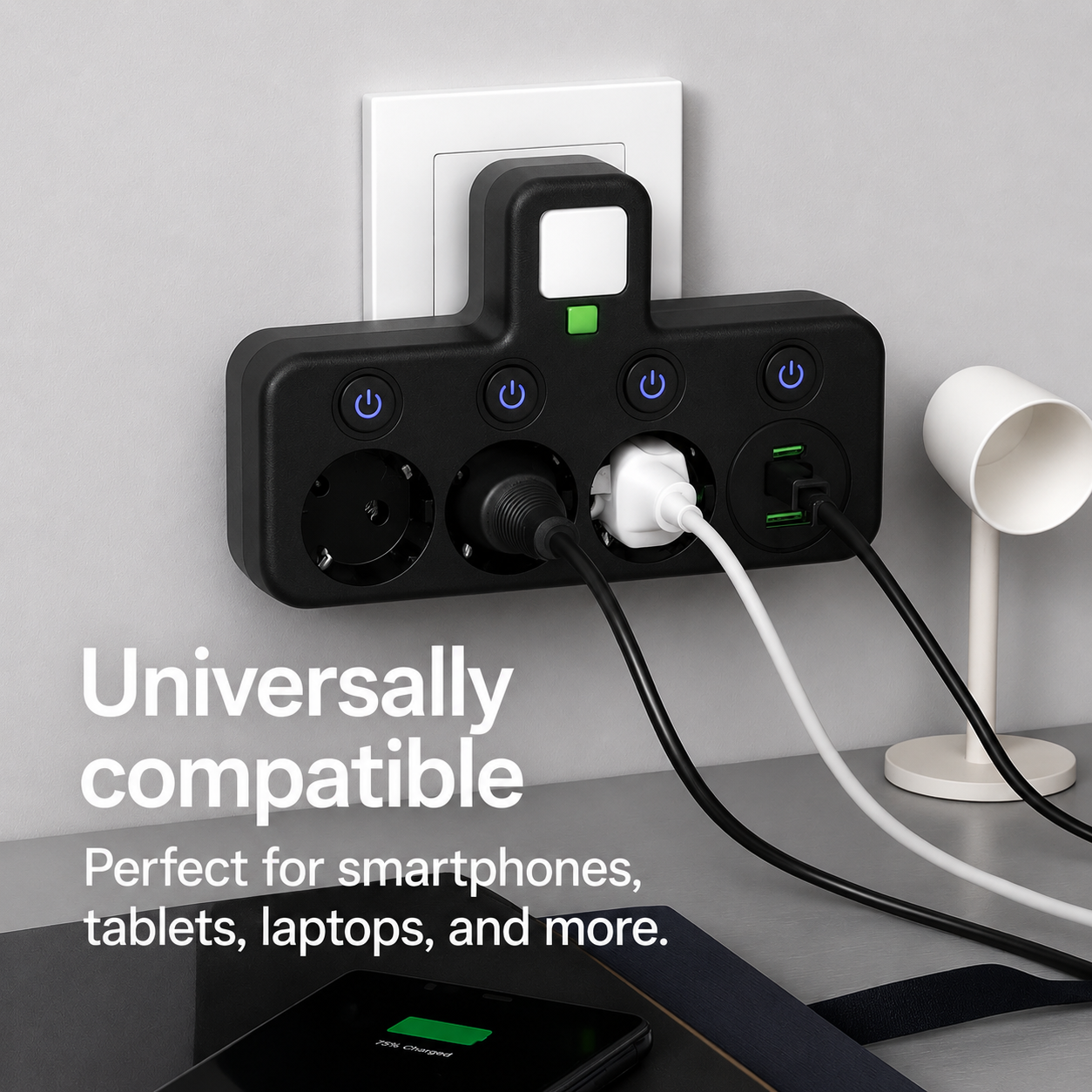 7v1 prodlužovací zásuvkový panel se 3 zásuvkami | 2 USB a Typ-C | Jednotlivě spínatelný s LED | PowerGrid