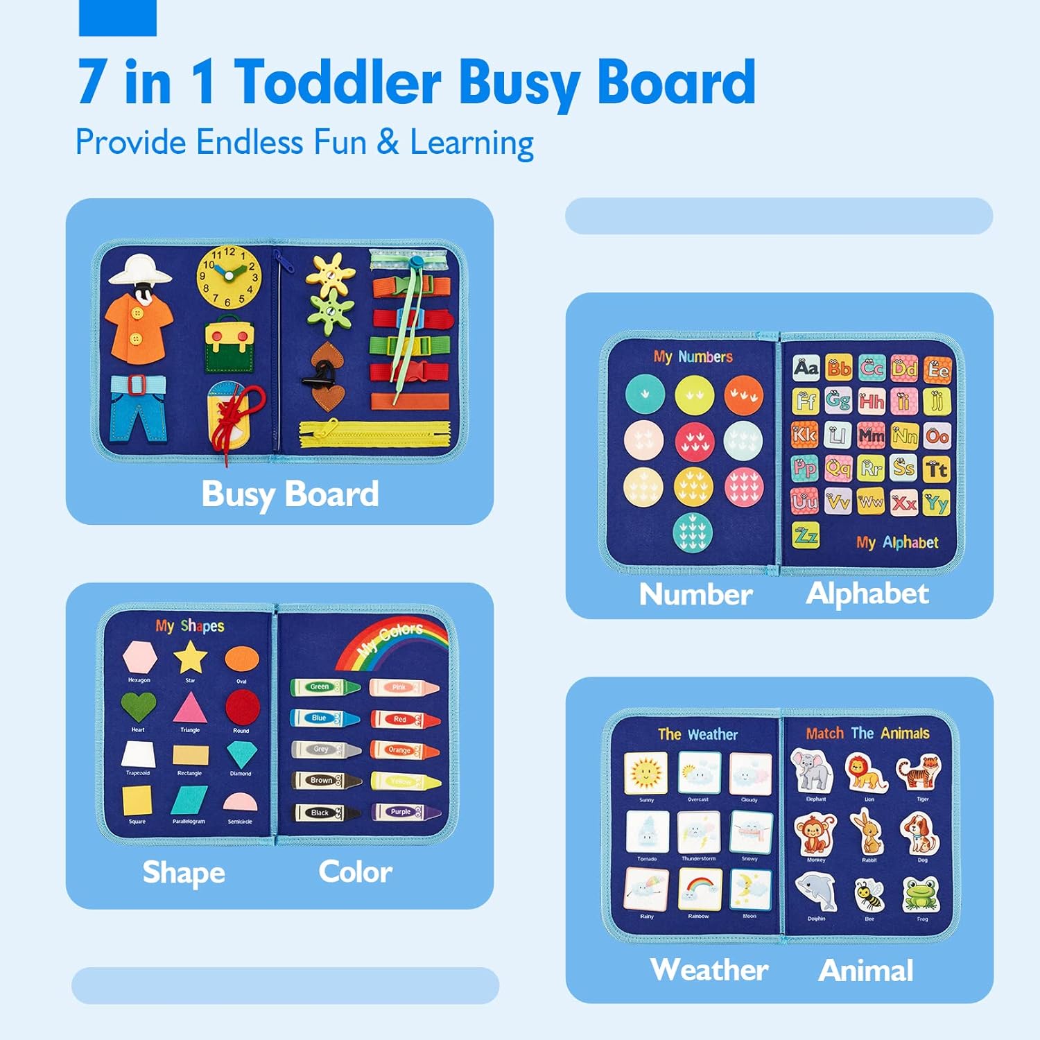 Planche d'activités pédagogiques Montessori | 6 modèles | Tissu en feutre avec 15 activités sensorielles | PlayBoard