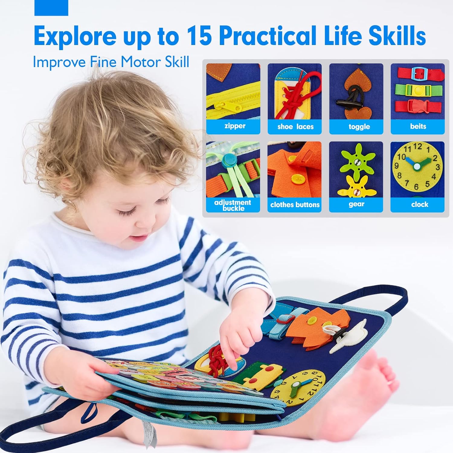 Planche d'activités pédagogiques Montessori | 6 modèles | Tissu en feutre avec 15 activités sensorielles | PlayBoard