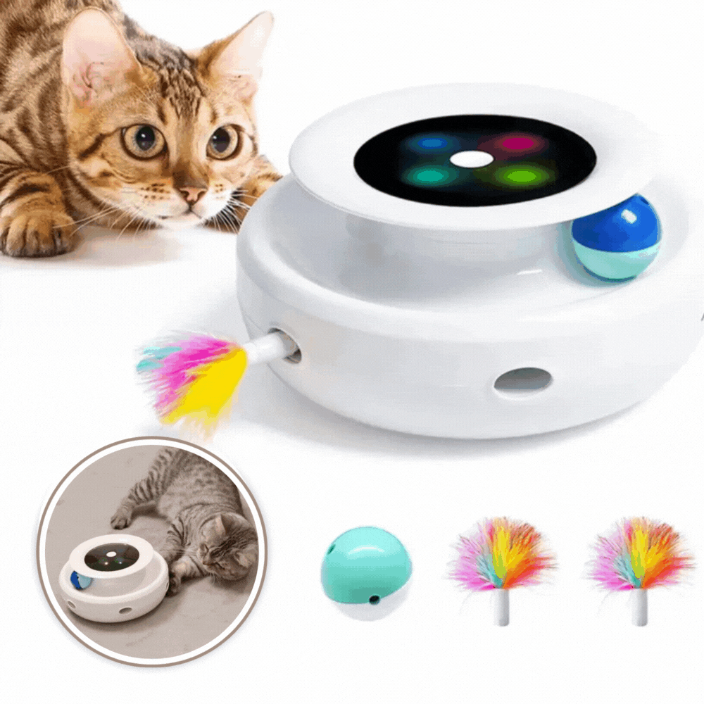 Chytrá hračka pro kočky 2 v 1 | Peříčková udice, míček a LED | Samostatná zábava | PurrPlay