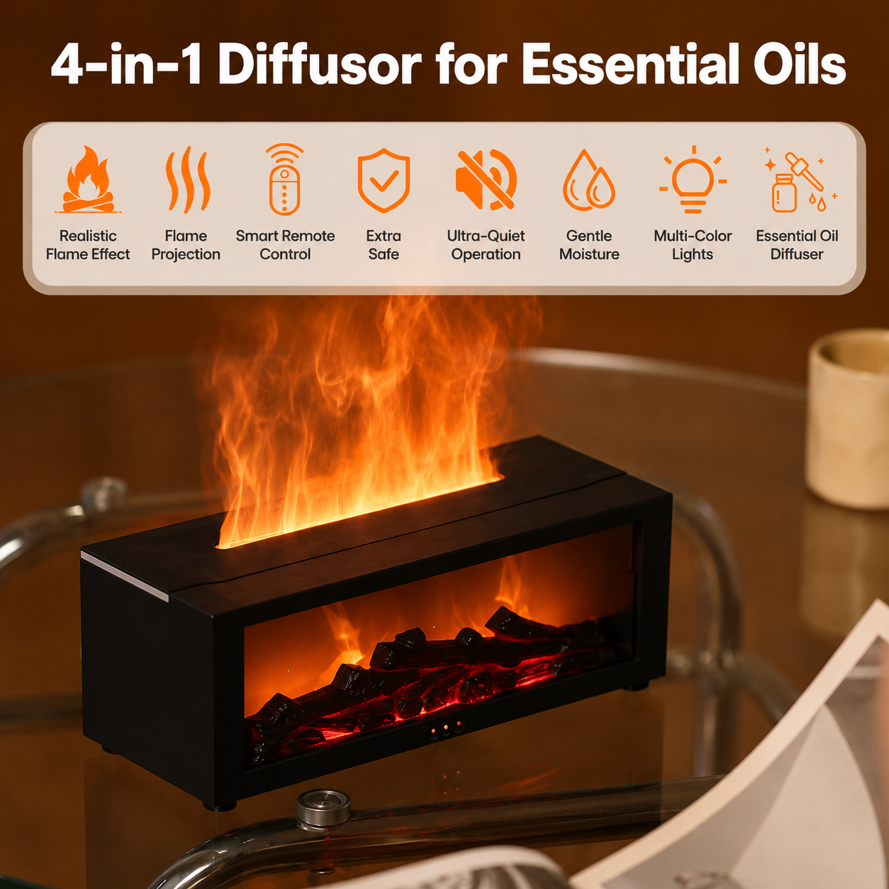 Aroma Diffuser | mit Flammeneffekt | 3D-Wasserdampf-Flamme + Glut-Optik | Flamescent