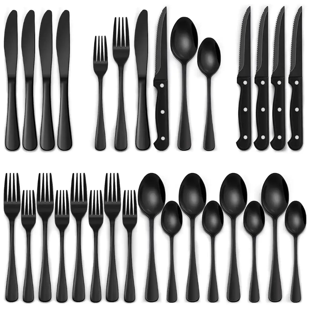 Besteck-Set | 24-teilig Schwarz Matt-Oberfläche | Inklusive Steakmesser | CutleryCraft