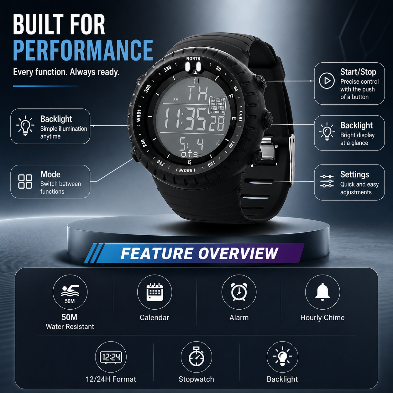 Orologio sportivo digitale impermeabile | Cassa resistente agli urti | Luce LED, allarme e cronometro | TidalPulse