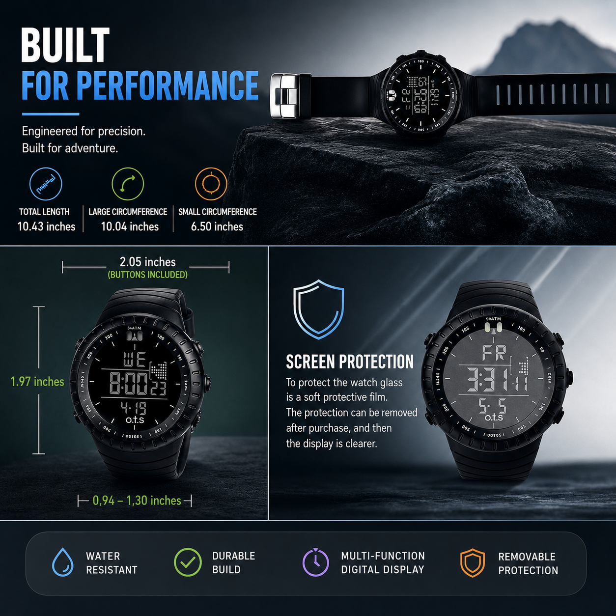 Orologio sportivo digitale impermeabile | Cassa resistente agli urti | Luce LED, allarme e cronometro | TidalPulse
