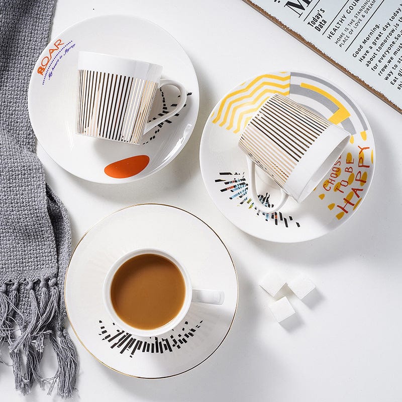 Kaffeetassenspiegel | Untertasse Porzellan | Golddekor Streifenmuster | AuraCup