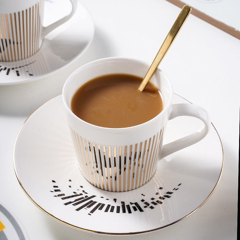 Kaffeetassenspiegel | Untertasse Porzellan | Golddekor Streifenmuster | AuraCup