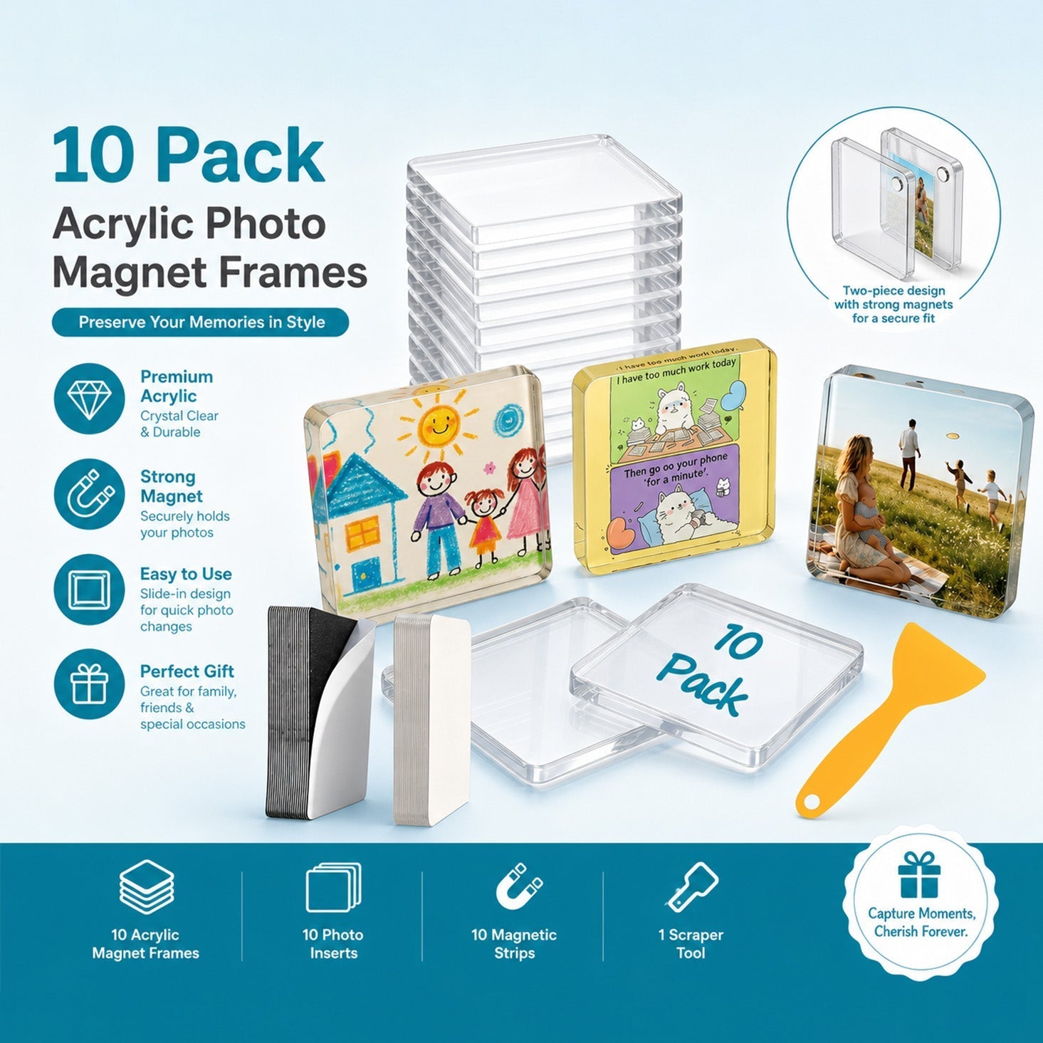 Magnetische Kühlschrank-Fotorahmen | Glasklares Acryl | DIY-Set ohne Kleber | MemoMagnet
