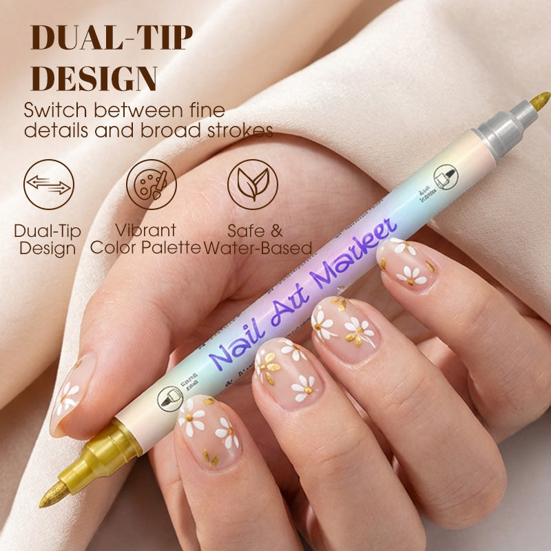 Nagelkunst-Marker-Set | Doppelseitig mit Pinsel | Wasserbasiert, Schnelltrocknend | TipDuo