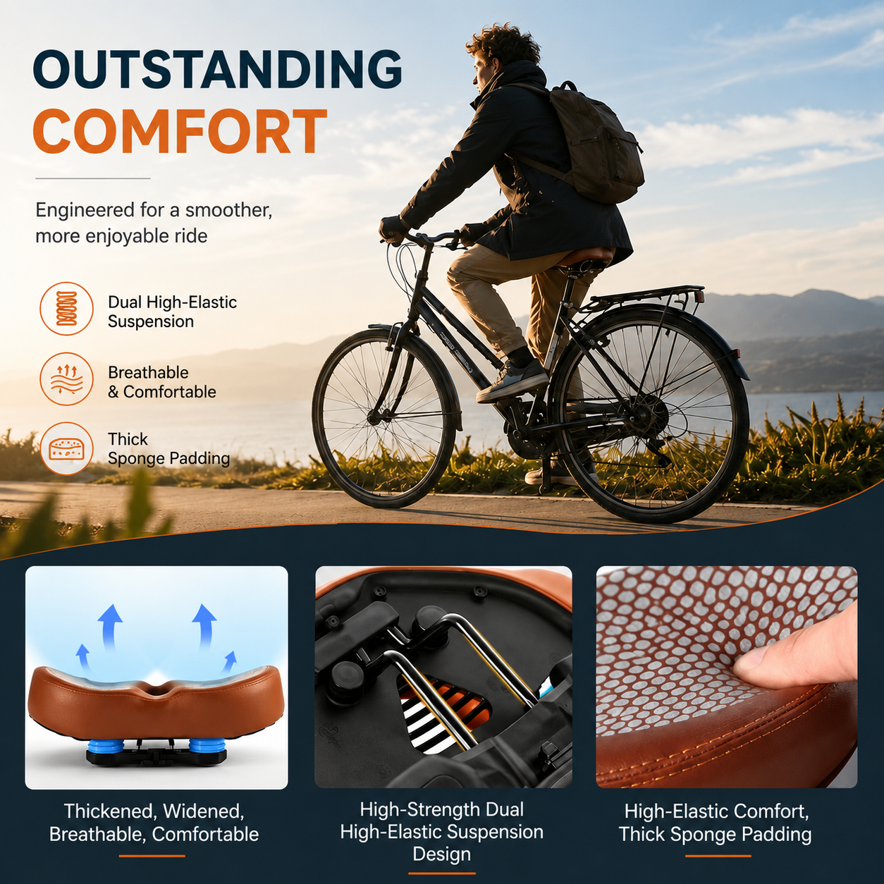 Noseless Fahrradsattel | PU Leder Extra Breit | Doppelfeder System Druckfrei | ComfortCore