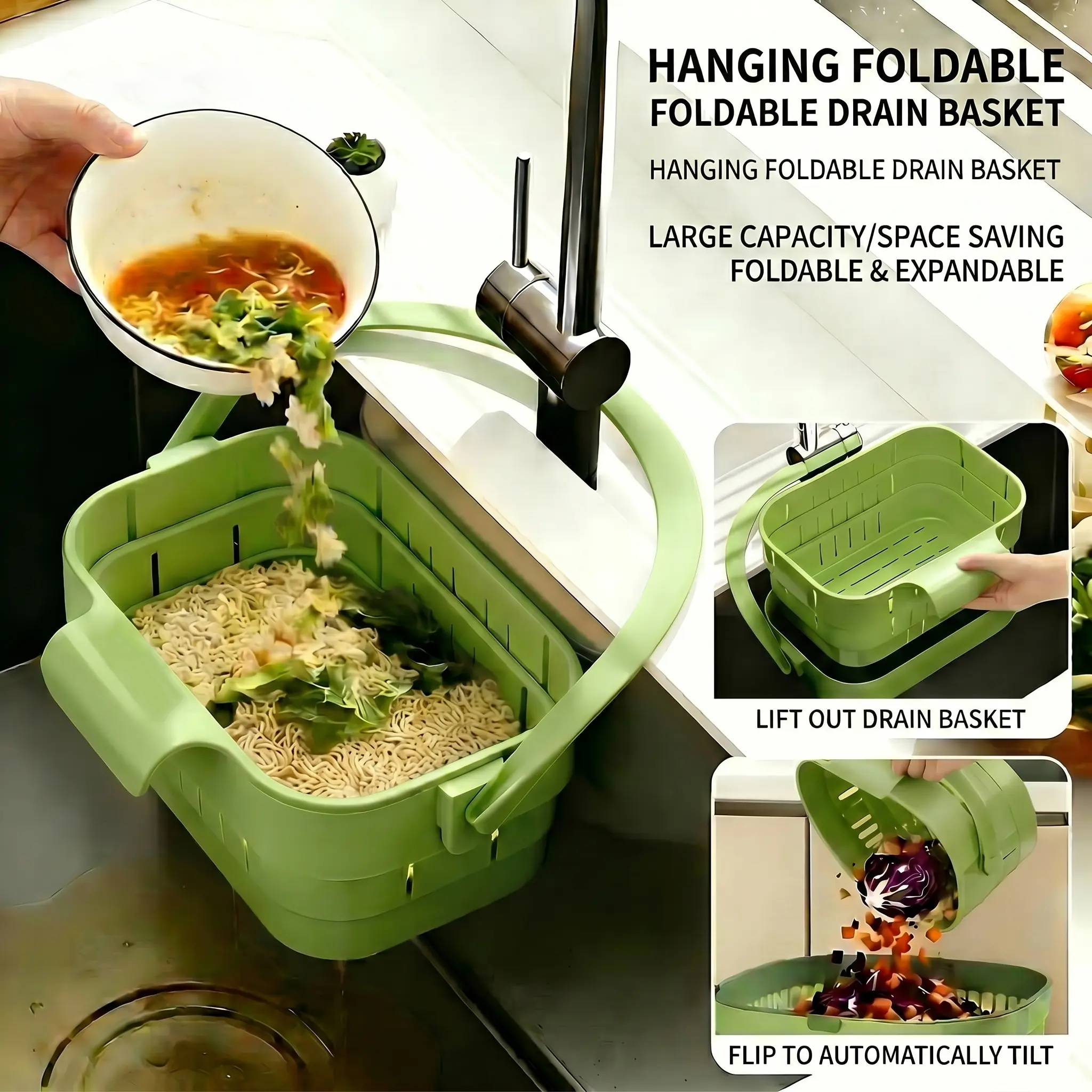 Foldable sink strainer | Catches food scraps | Tool-free, removable | FoldSink