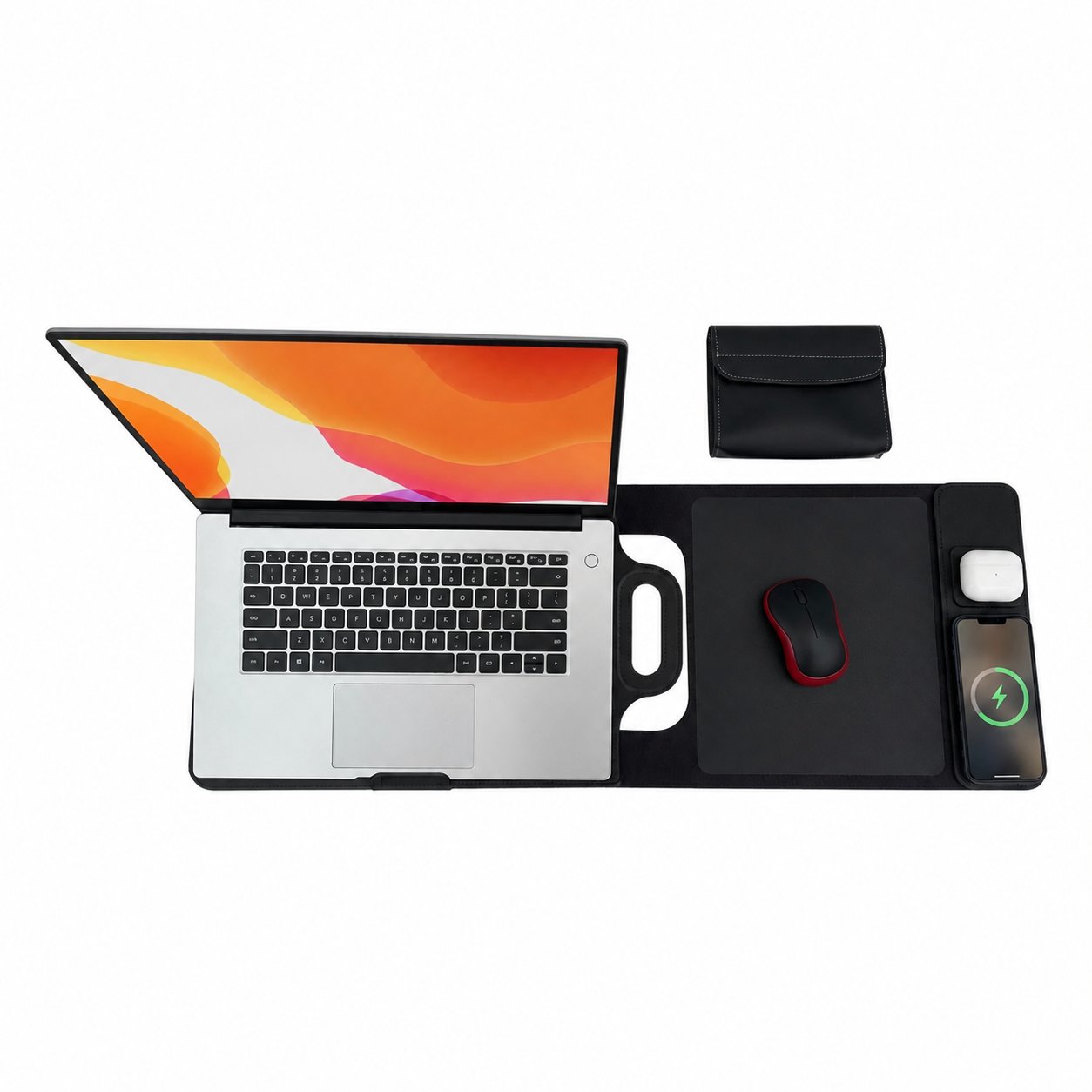 Estação de carregamento sem fios dobrável 3 em 1 | numa bolsa para portátil | Carrega telemóvel, smartwatch e auriculares | DeskFold