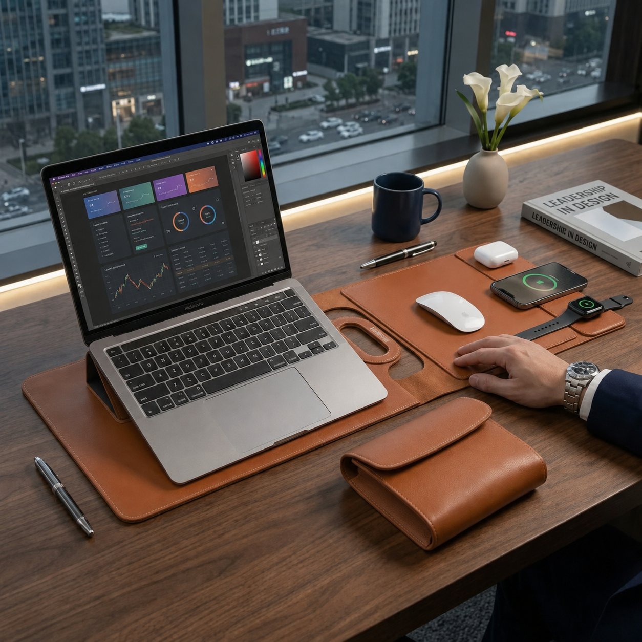Estação de carregamento sem fios dobrável 3 em 1 | numa bolsa para portátil | Carrega telemóvel, smartwatch e auriculares | DeskFold