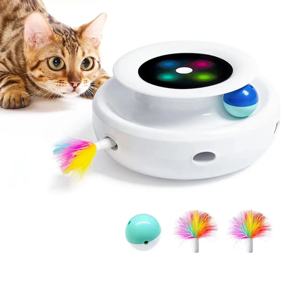 Chytrá hračka pro kočky 2 v 1 | Peříčková udice, míček a LED | Samostatná zábava | PurrPlay