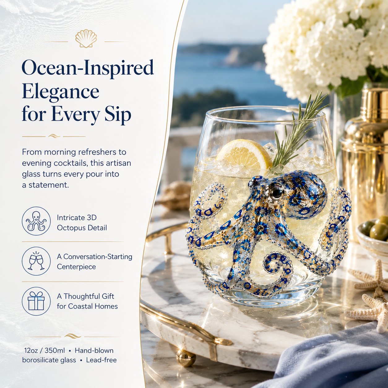 Artigianato con animali oceanici 3D | Bicchiere con motivo di creature marine | Attrazione marittima | OceanCraft