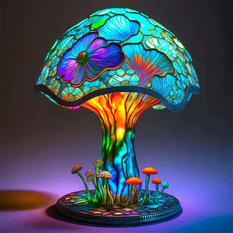 Kunstnerisk bordlampe | Farvet glas-look | Varmt hvidt LED-lys og farvespil | Lumavera