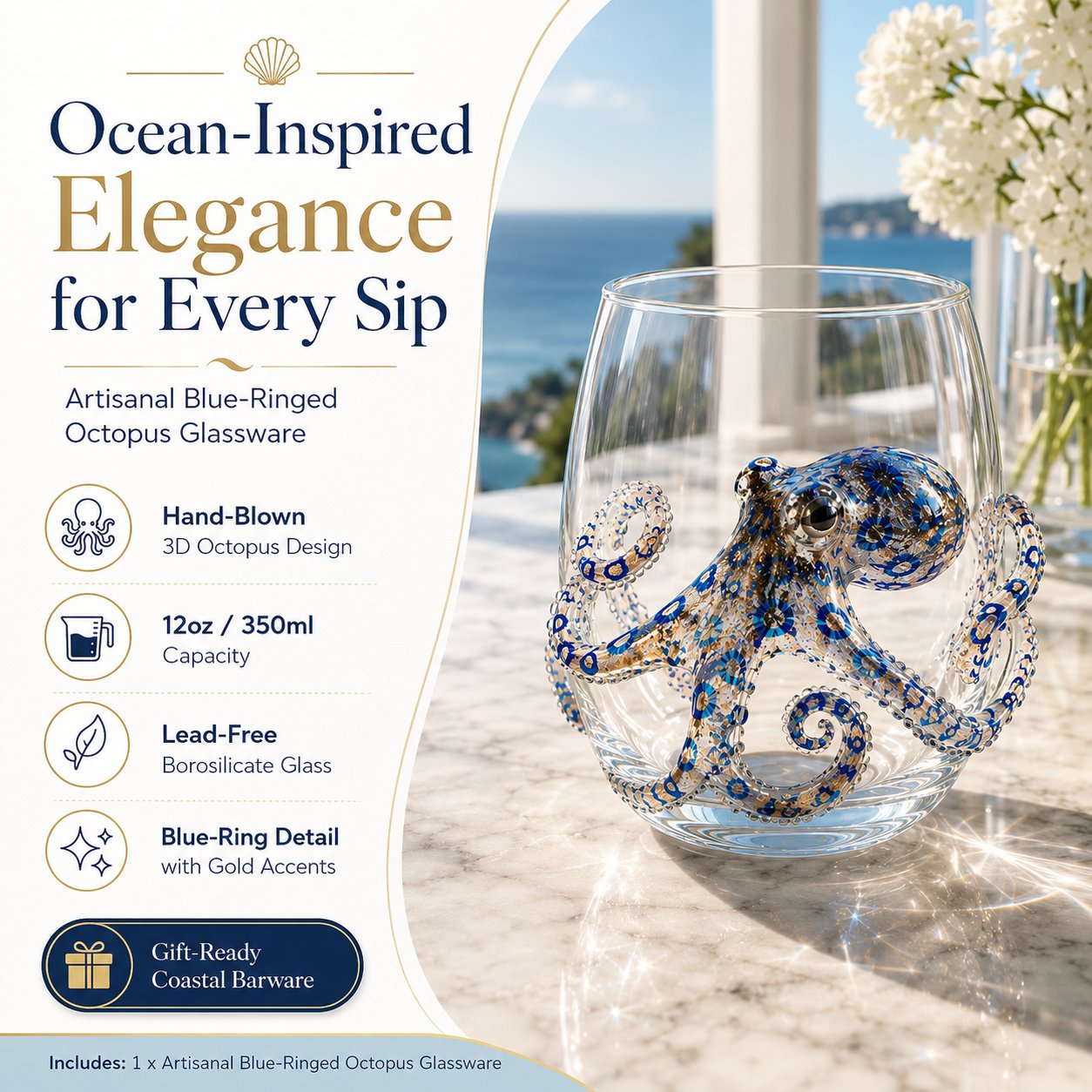 Artigianato con animali oceanici 3D | Bicchiere con motivo di creature marine | Attrazione marittima | OceanCraft