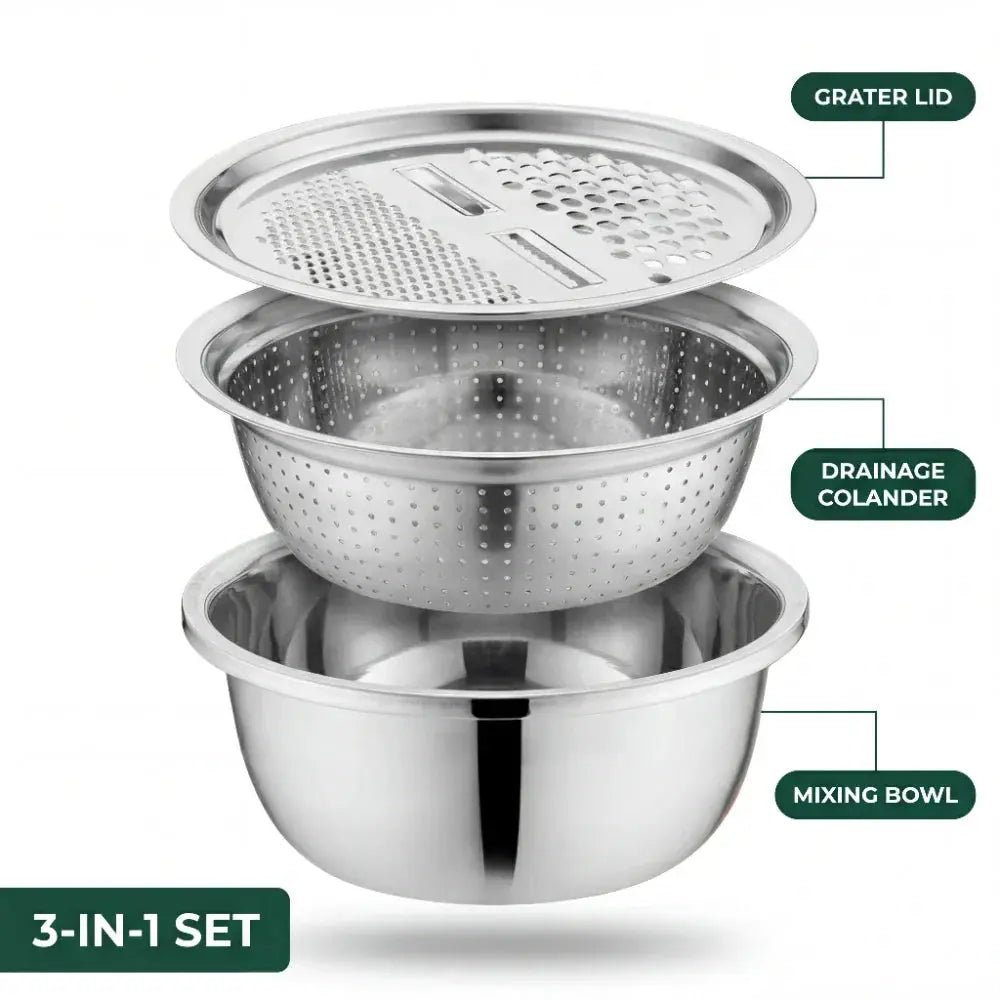 3-in-1-Rührschüssel-Set | Integriertes Gitterrost- und Entwässerungssystem | Platzsparend und stapelbar | MultiPrep