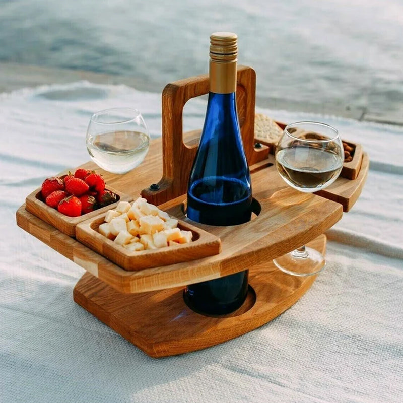 Picnicbord med vin i det fri | Plads til flaske, 2 glas og snacks | Bærbart | VinoPicnic