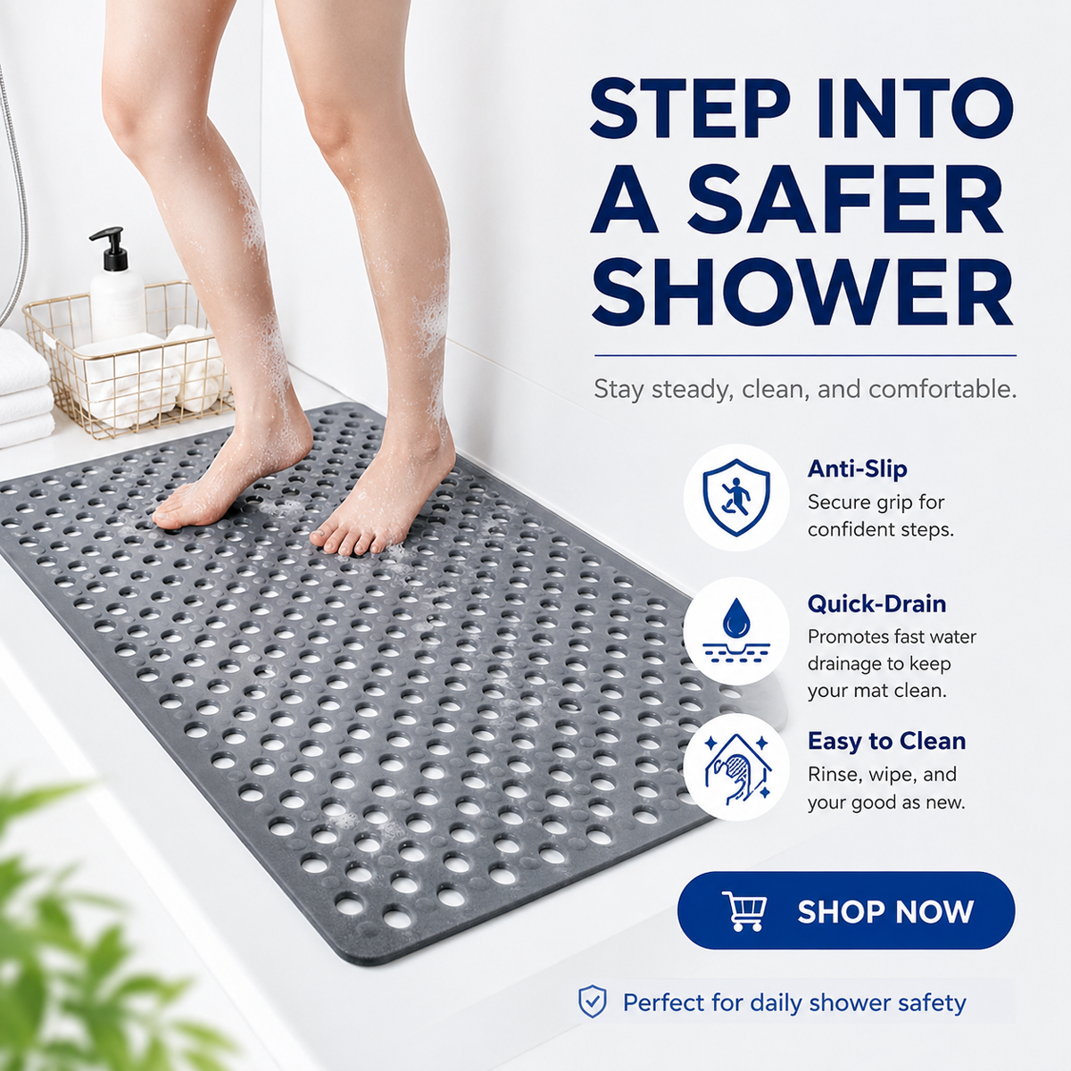 Badezimmer Sicherheitsmatte | Rutschfestes PVC mit Ablauflöchern | Schneller Wasserablauf | AquaGrip