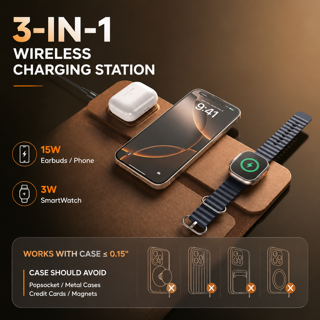 Estação de carregamento sem fios dobrável 3 em 1 | numa bolsa para portátil | Carrega telemóvel, smartwatch e auriculares | DeskFold