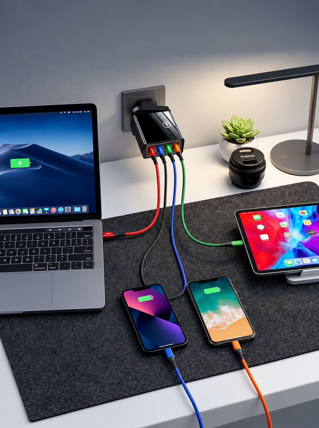 Reiseladegerät mit vier Anschlüssen | Je 3,1 A pro USB-Port | Kompaktes Mehrfach-Ladegerät | PowerPort