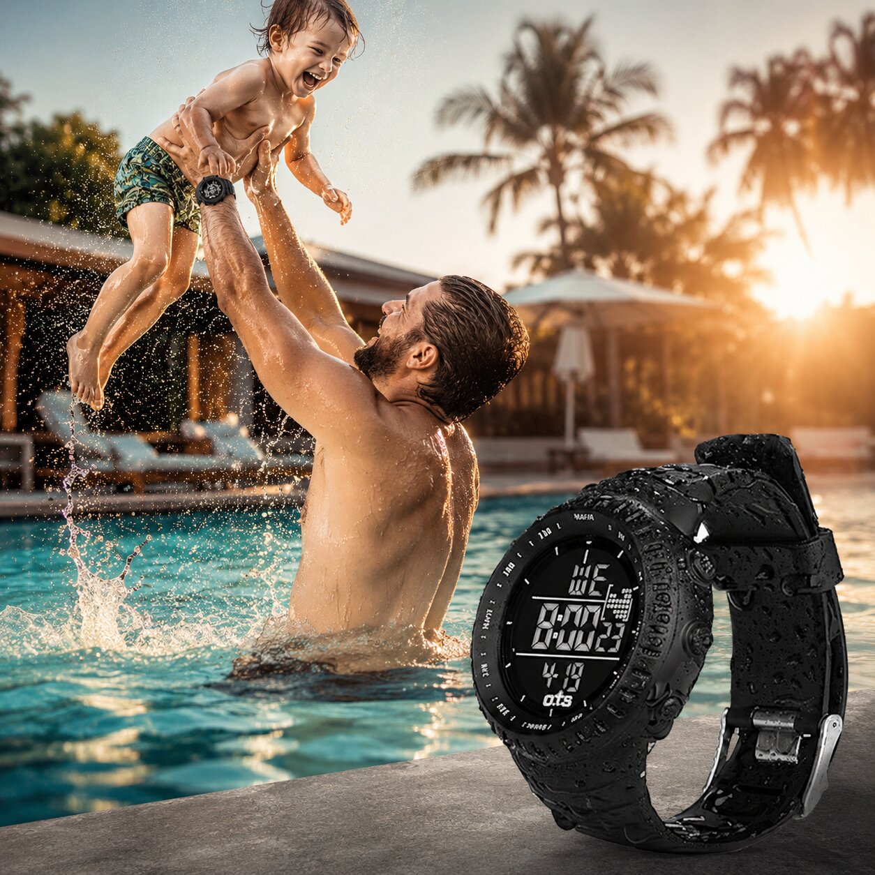Digitale Sportuhr wasserdicht | Stoßfestes Gehäuse | LED-Licht, Alarm & Stoppuhr | TidalPulse