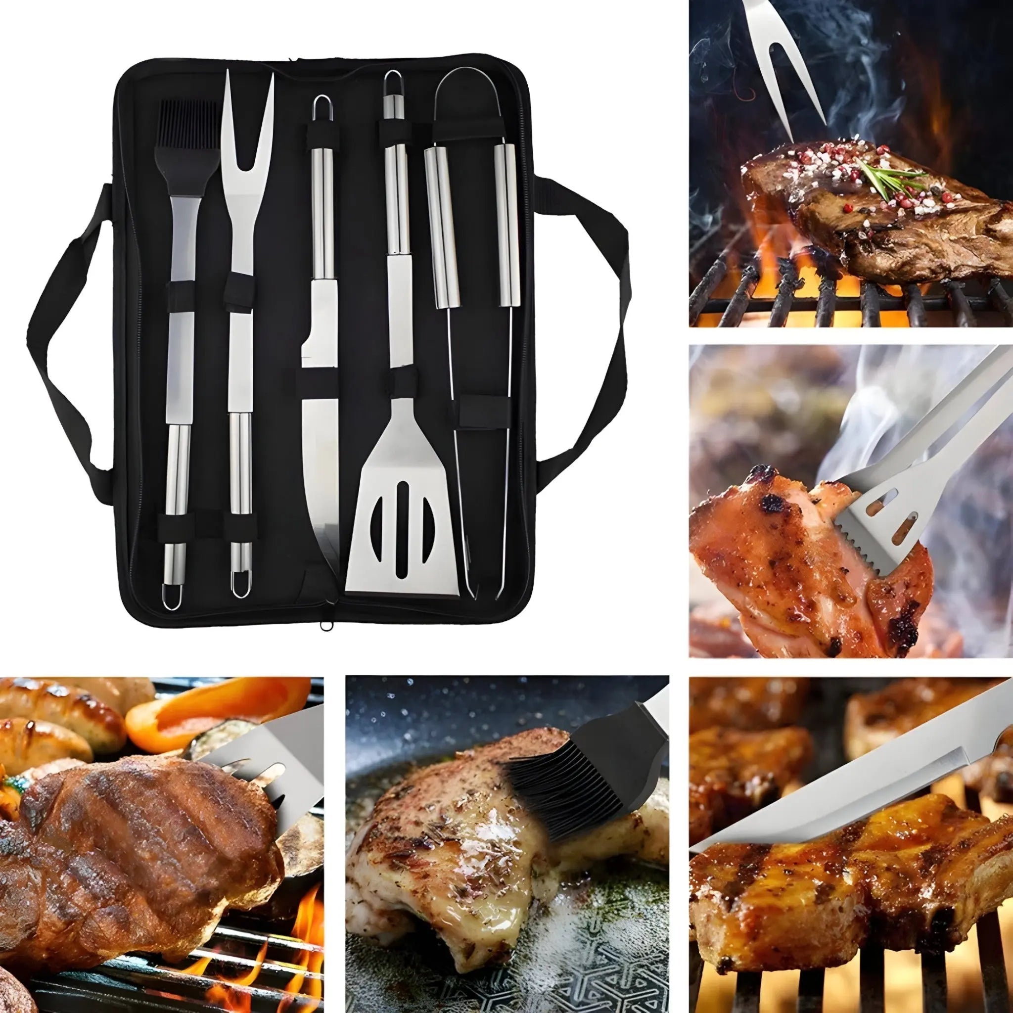 Edelstahl-Grillbesteck-Set | Mit Tragetasche für unterwegs | Sicherer Griff mit Hitzeschutz | RostRanger