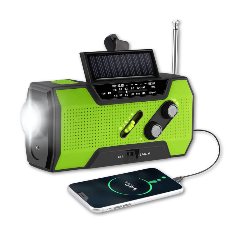All-in-One-Notfallradio | 4000-mAh-Akku, Kurbel & Solar | AM/FM, Taschenlampe & SOS-Alarm | CrankLight