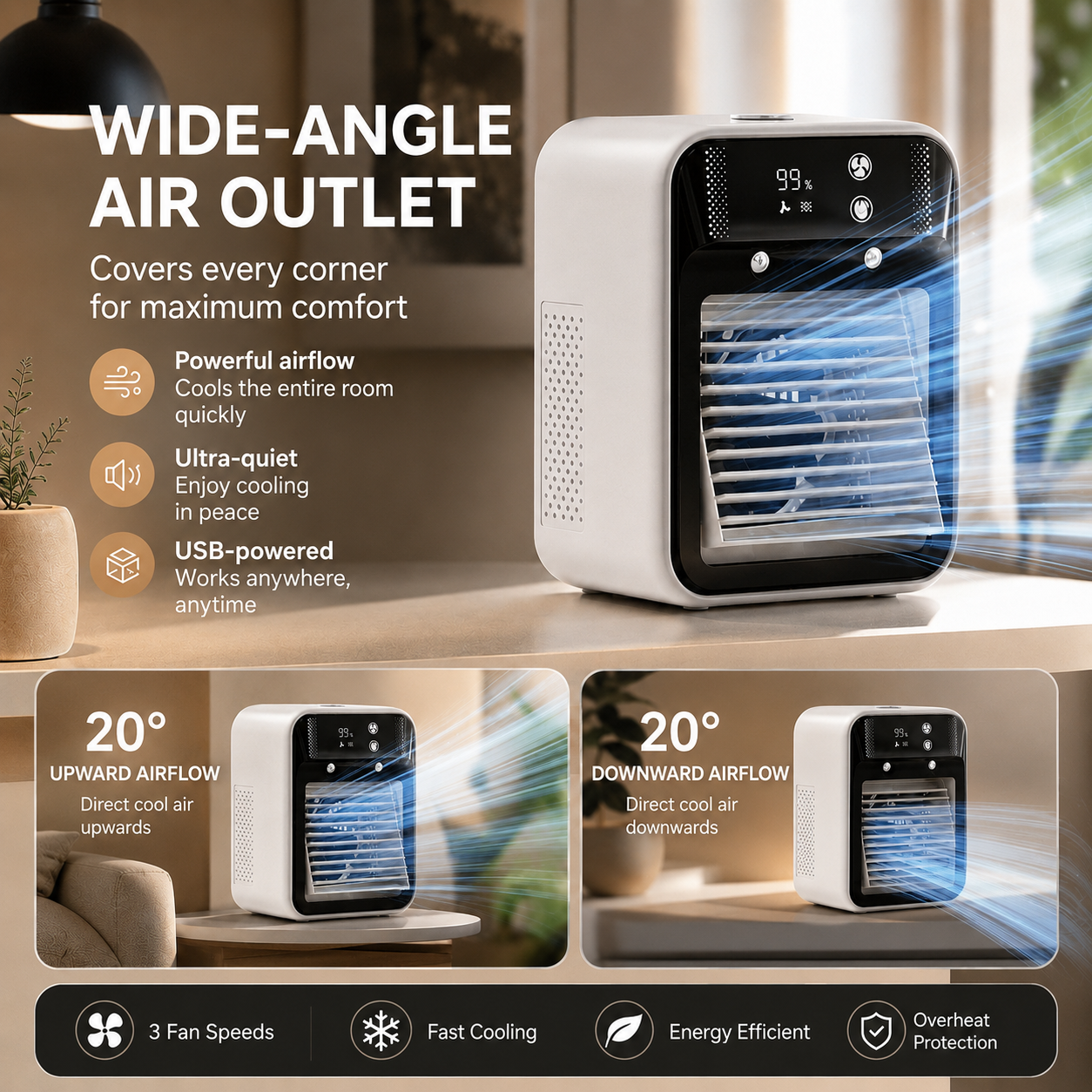 Mobiler Luftkühler Ventilator Brisenlux | Sprühnebel & USB-C | Kabellos mit 3 Lüfterstufen | Coolvento