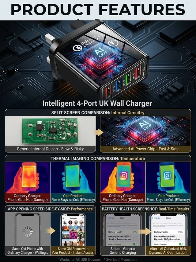 Reiseladegerät mit vier Anschlüssen | Je 3,1 A pro USB-Port | Kompaktes Mehrfach-Ladegerät | PowerPort