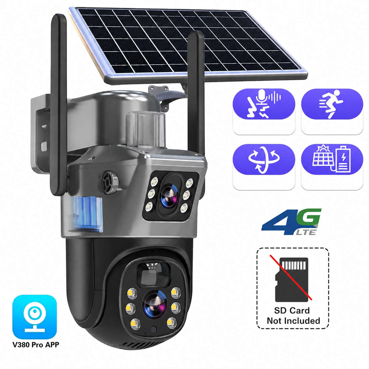 Beveiligingscamera Zonne-energie Dubbele Lens | 10x Zoom 360° PTZ | 12.000 mAh IP66 4G WLAN | Vigiora