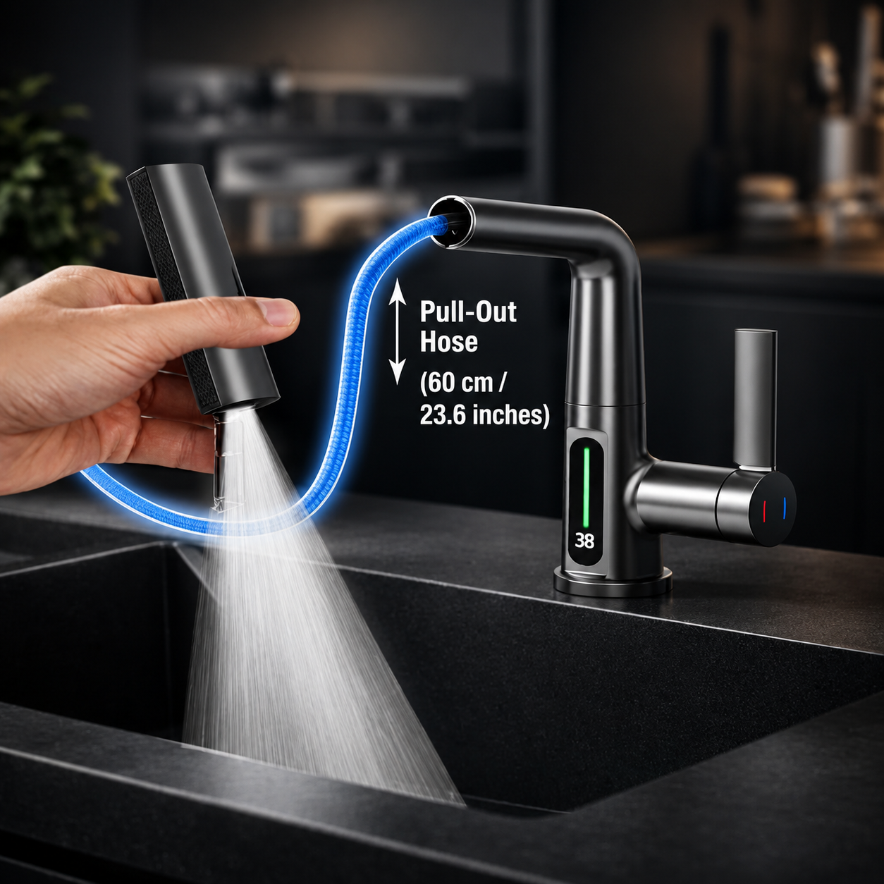 Wasserhahn Küche ausziehbar | mit LED-Temperaturanzeige | 5 Strahlmodi | StreamShift