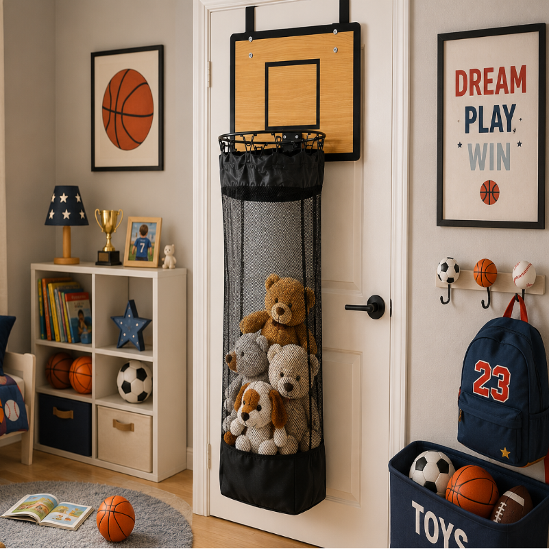 Organizador colgante de almacenamiento | Diseño de baloncesto | Para ropa y juguetes | DunkAway