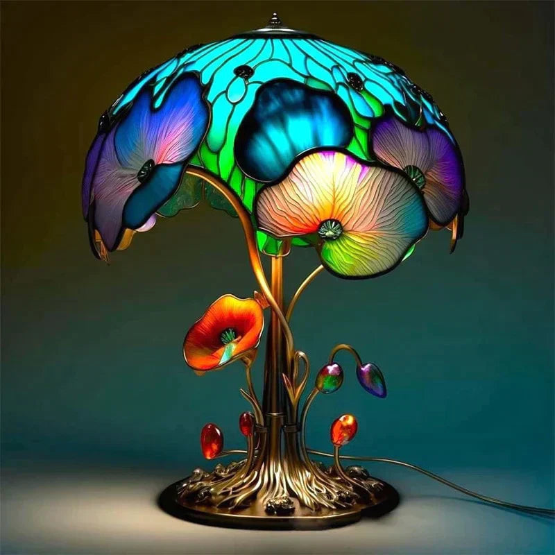 Kunstnerisk bordlampe | Farvet glas-look | Varmt hvidt LED-lys og farvespil | Lumavera
